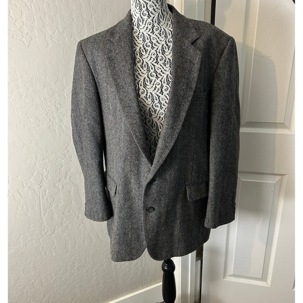 Worlds Best Wool Blazer Sport Coat Mens 44R Gray Herringbone 2 Button Wool Suit
